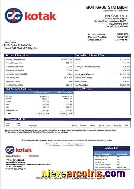 India Kotak Mahindra Bank mortgage statement Word and PDF template